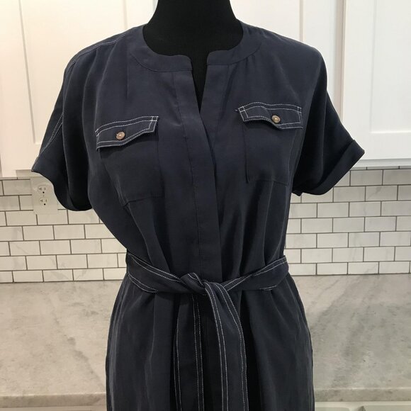 J. Jill Dress Womens Small Petite Navy Utility Shirt Dress Belted Pockets Casual - Picture 2 of 8